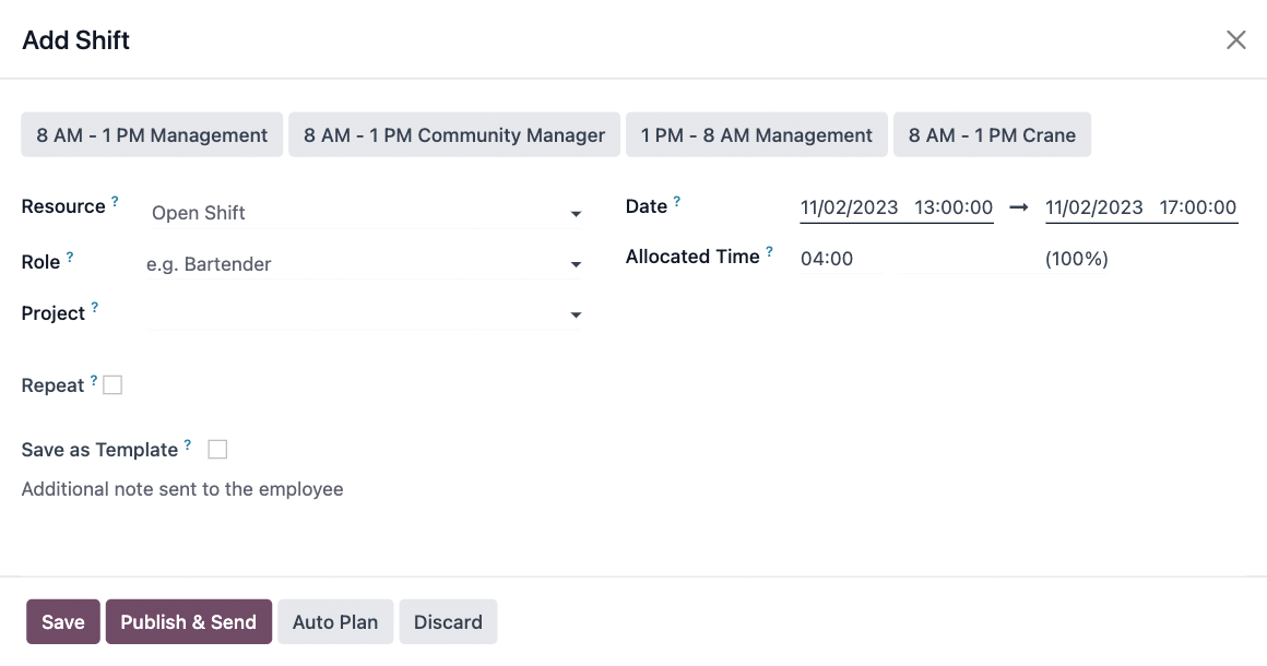 Shift toewijzen aan een medewerker met urenoverzicht in Odoo Planning