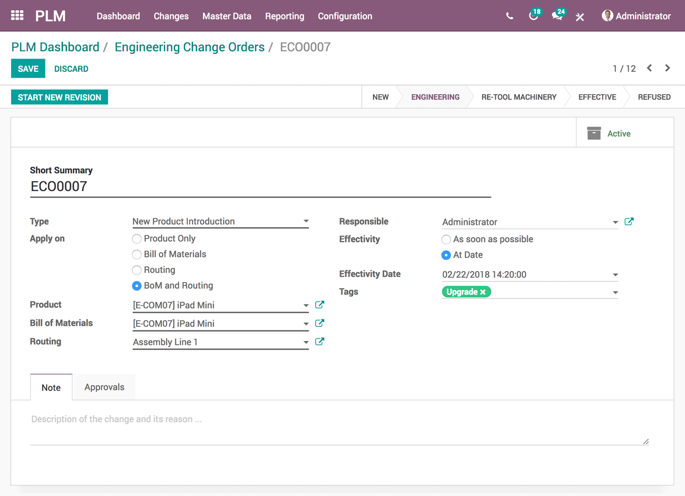 Overzicht van engineering change orders in Odoo PLM