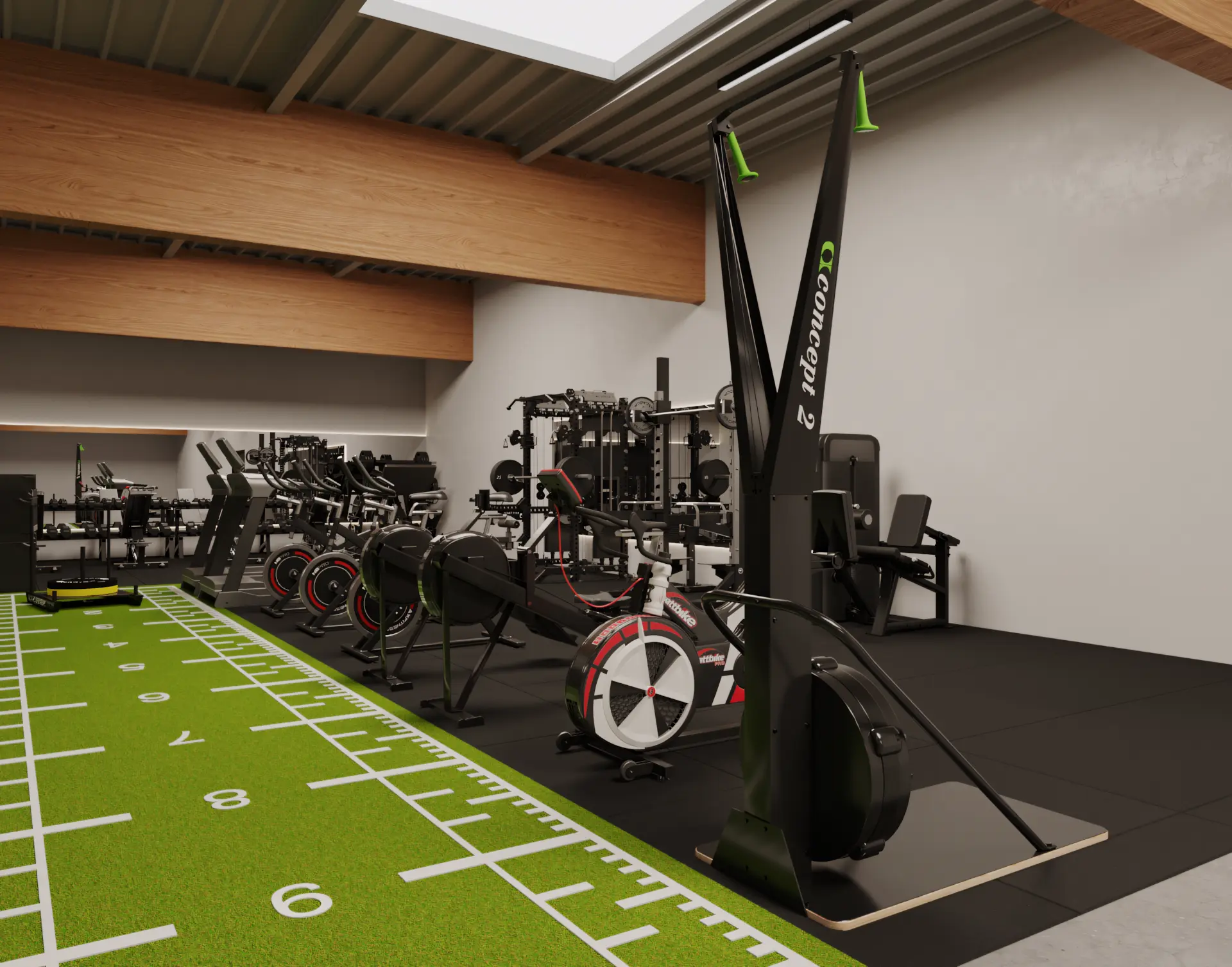 Gym ingericht door Fitness Depot met skierg, roeitrainers en krachtmateriaal