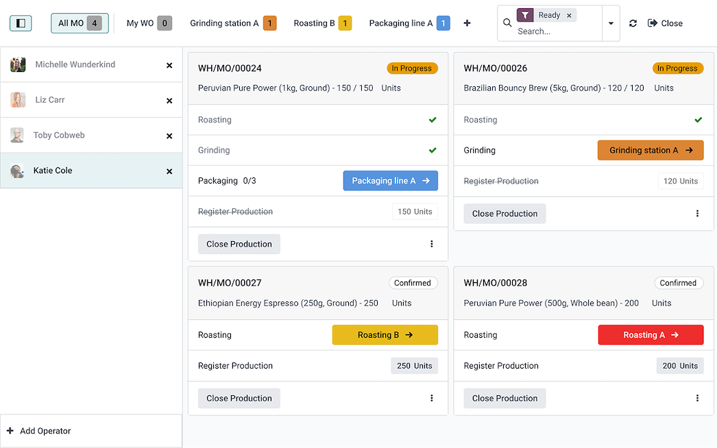 Stuklijst met gekoppelde werkorders in Odoo Manufacturing