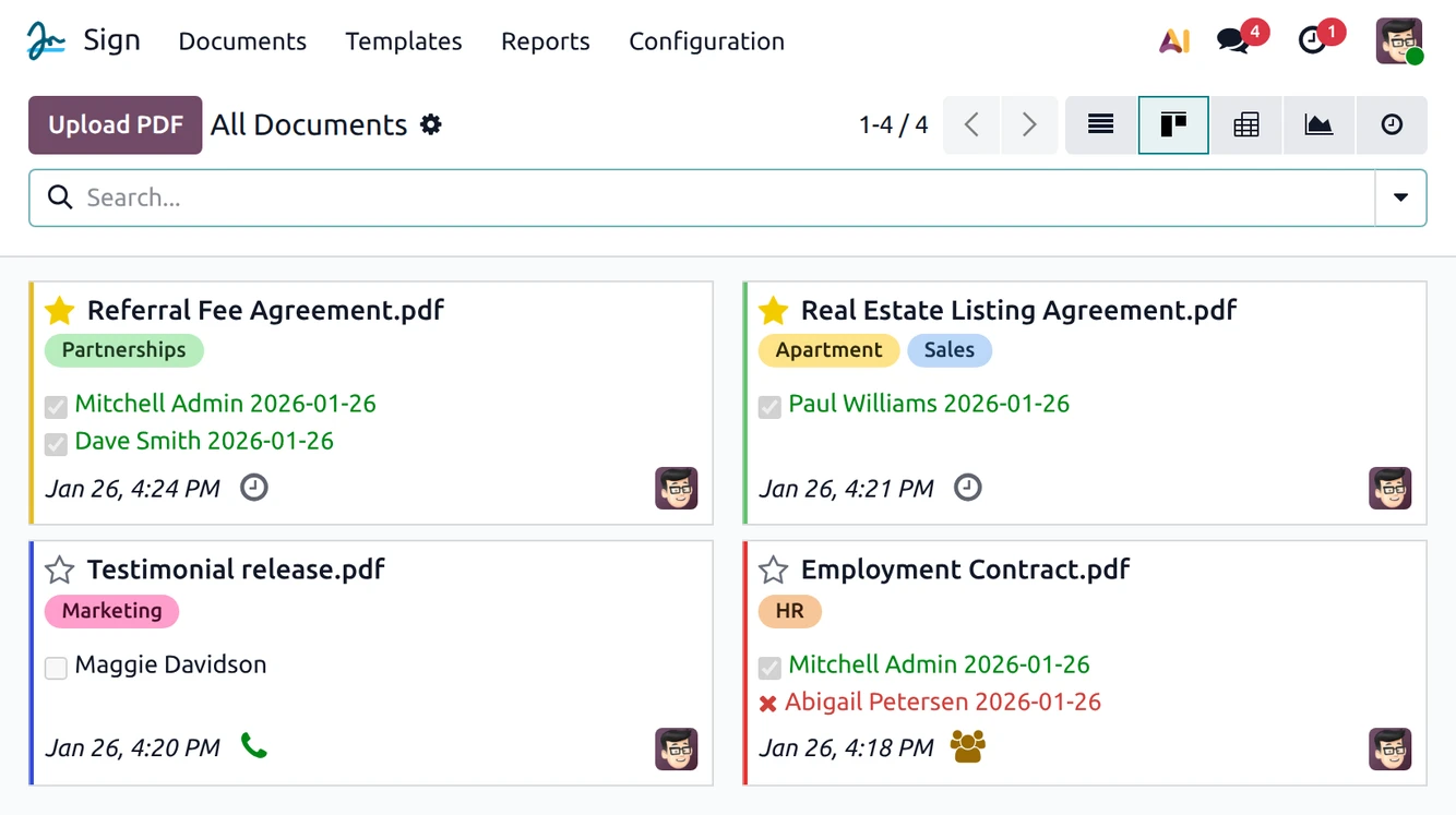 Status en opvolging van een tekenverzoek in Odoo Sign