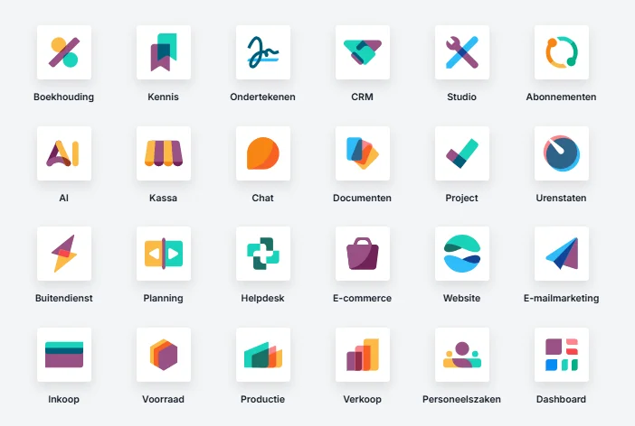 Overzicht van alle Odoo-applicaties met hun iconen, waaronder CRM, boekhouding, voorraad en meer