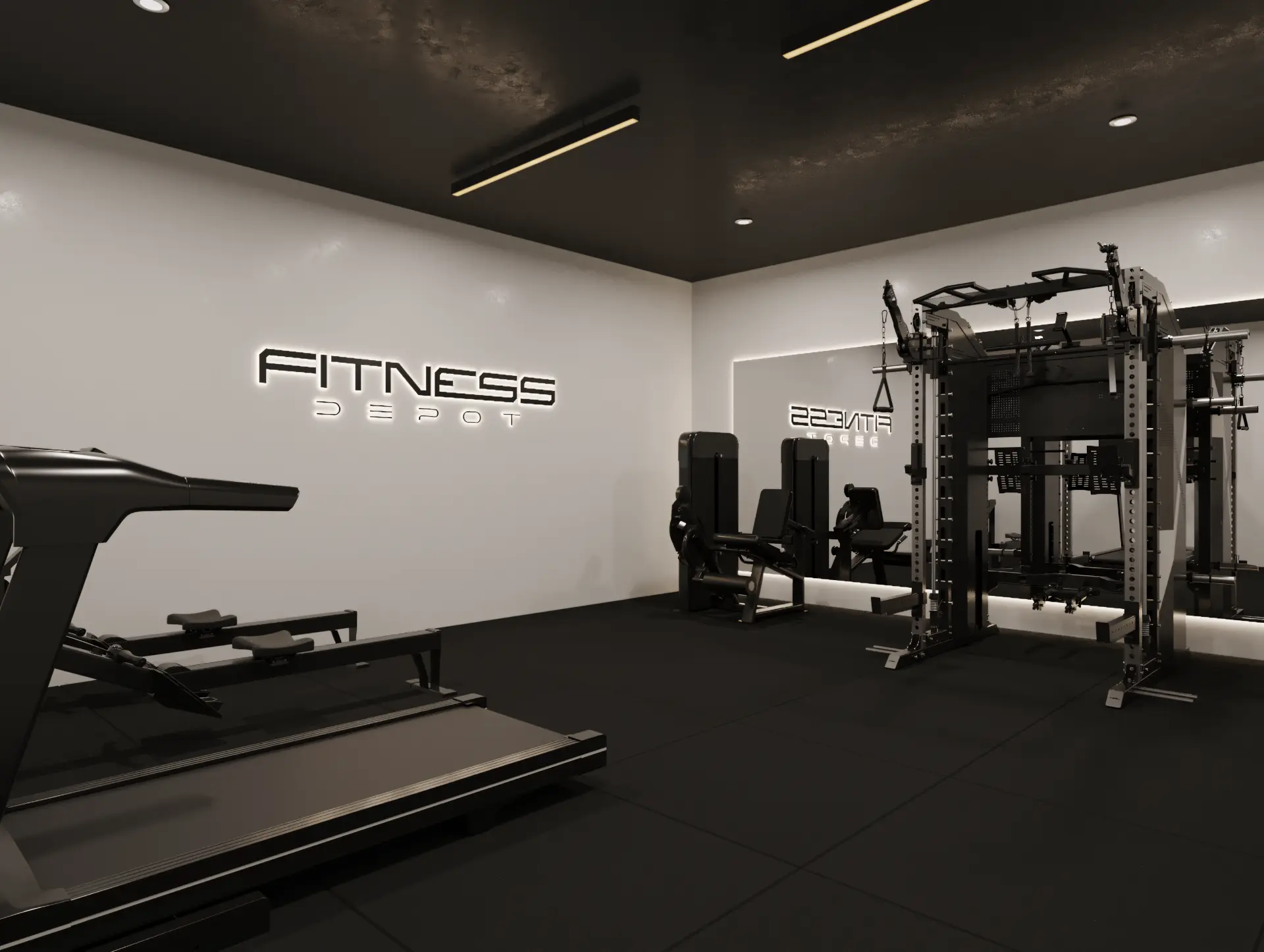 Showroom van Fitness Depot in Ranst met fitnessmateriaal en verlicht logo op de wand