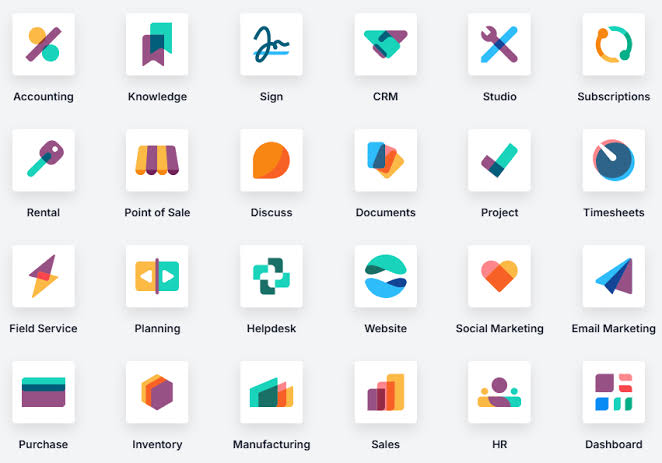 Overzicht van de belangrijkste Odoo modules en apps: Accounting, CRM, Inventory, Sales, Purchase, Manufacturing, Field Service, Project, Point of Sale, Helpdesk, Website en meer — als één geïntegreerd ERP-systeem voor Belgische KMO's.