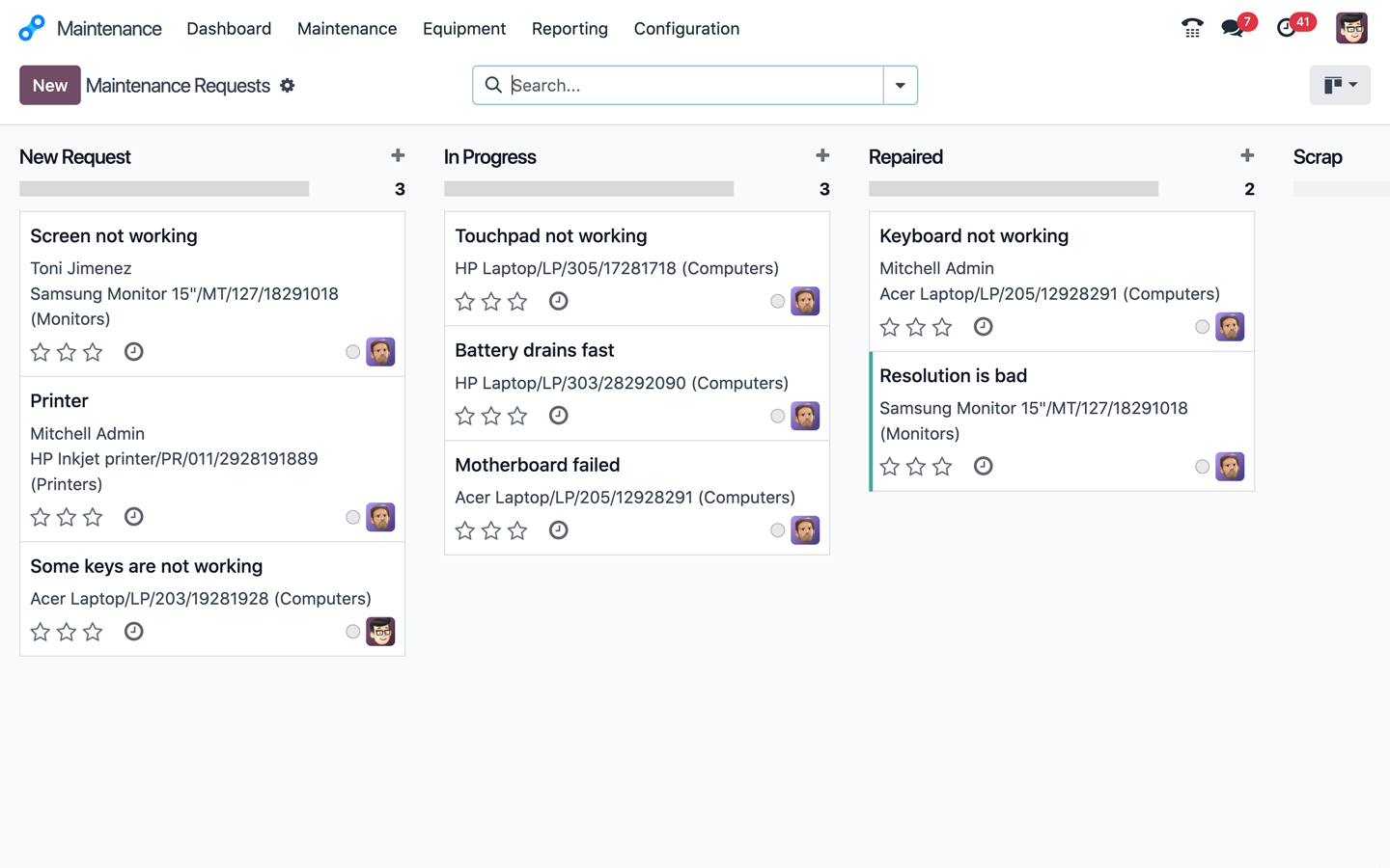 Equipment-overzicht met machines en onderhoudshistoriek in Odoo Maintenance