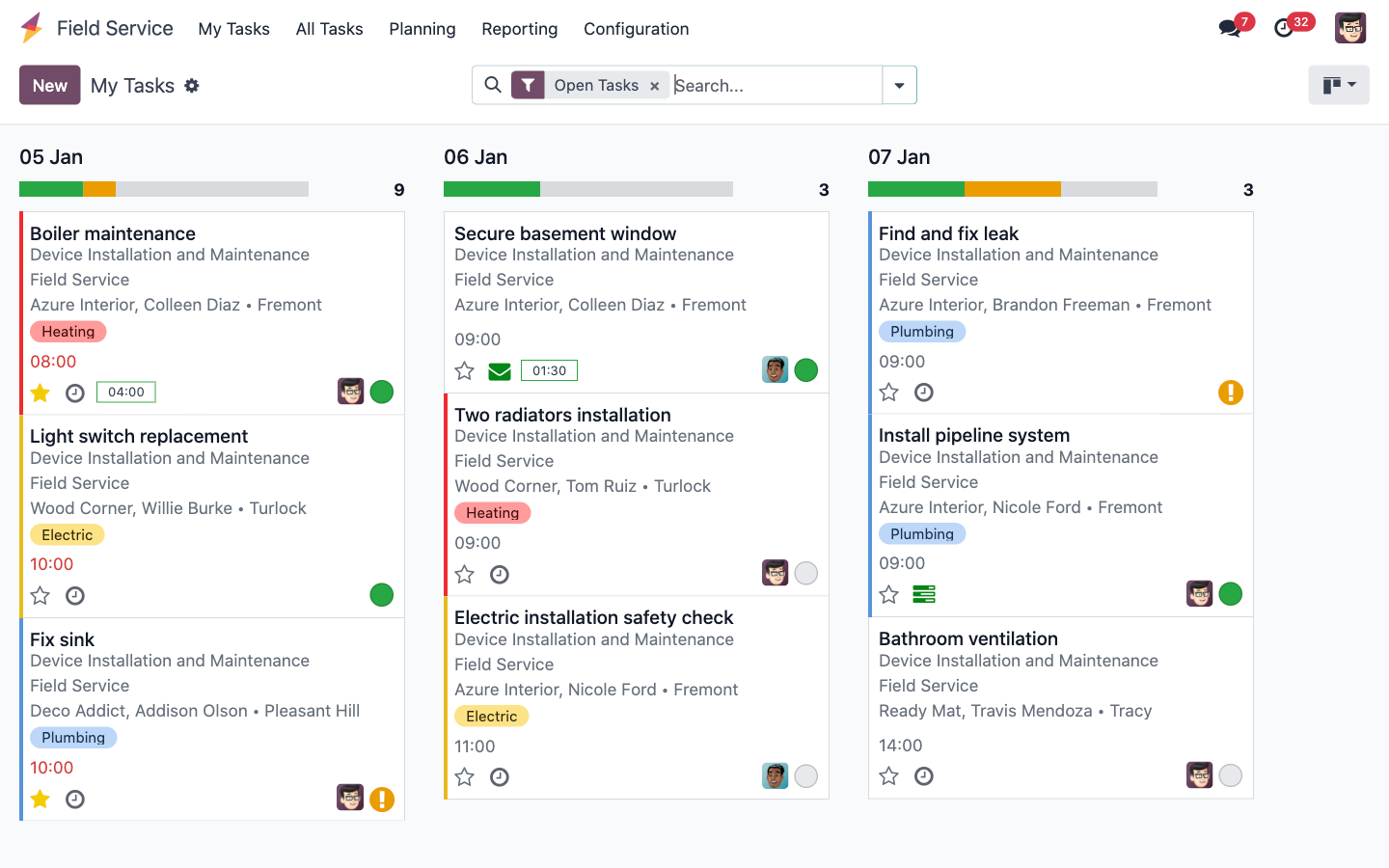 Odoo Field Service planningsscherm met techniekers, interventies en geplande werkbonnen per dag