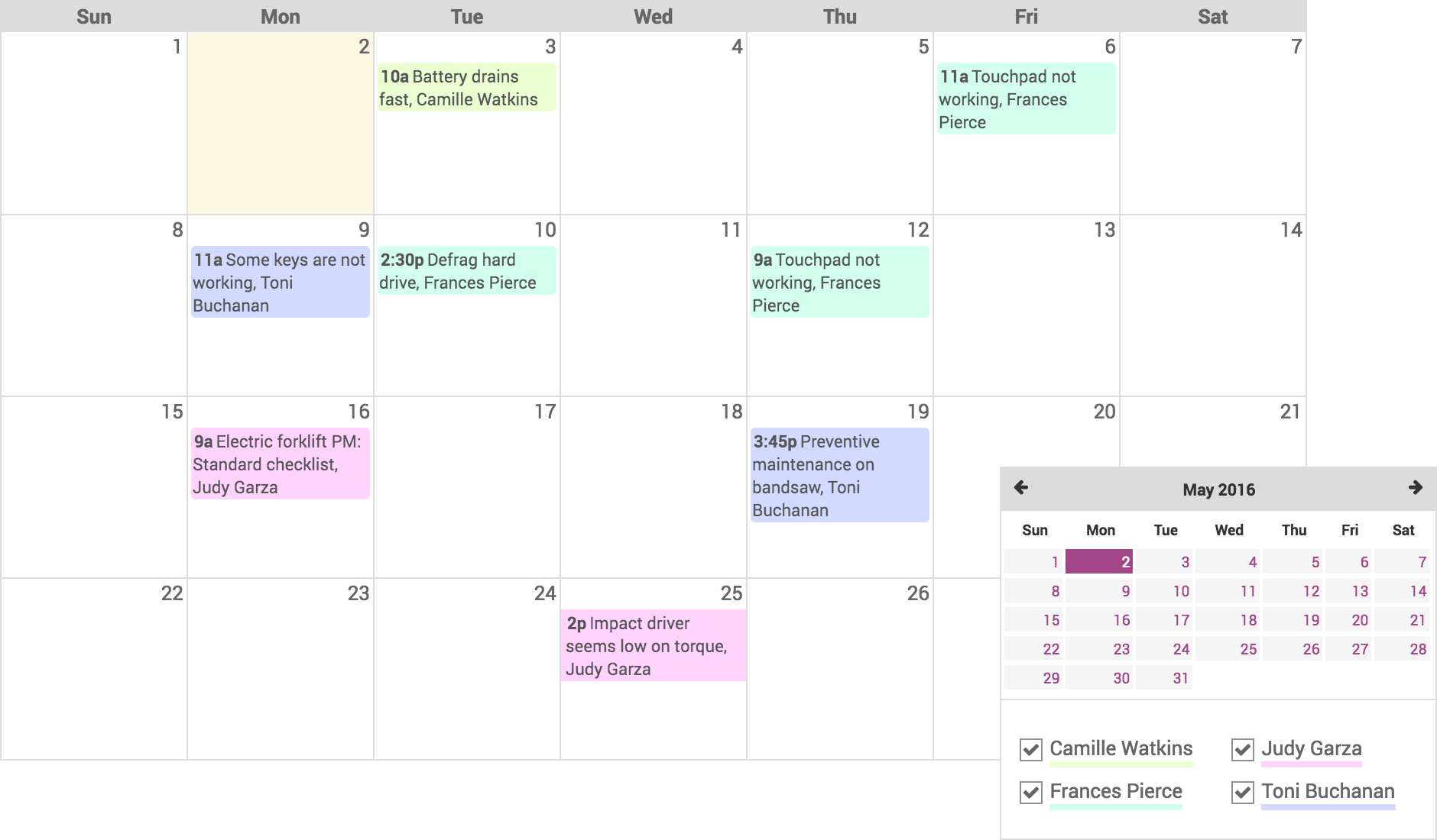 Onderhoudskalender met geplande preventieve onderhoudsbeurten in Odoo Maintenance