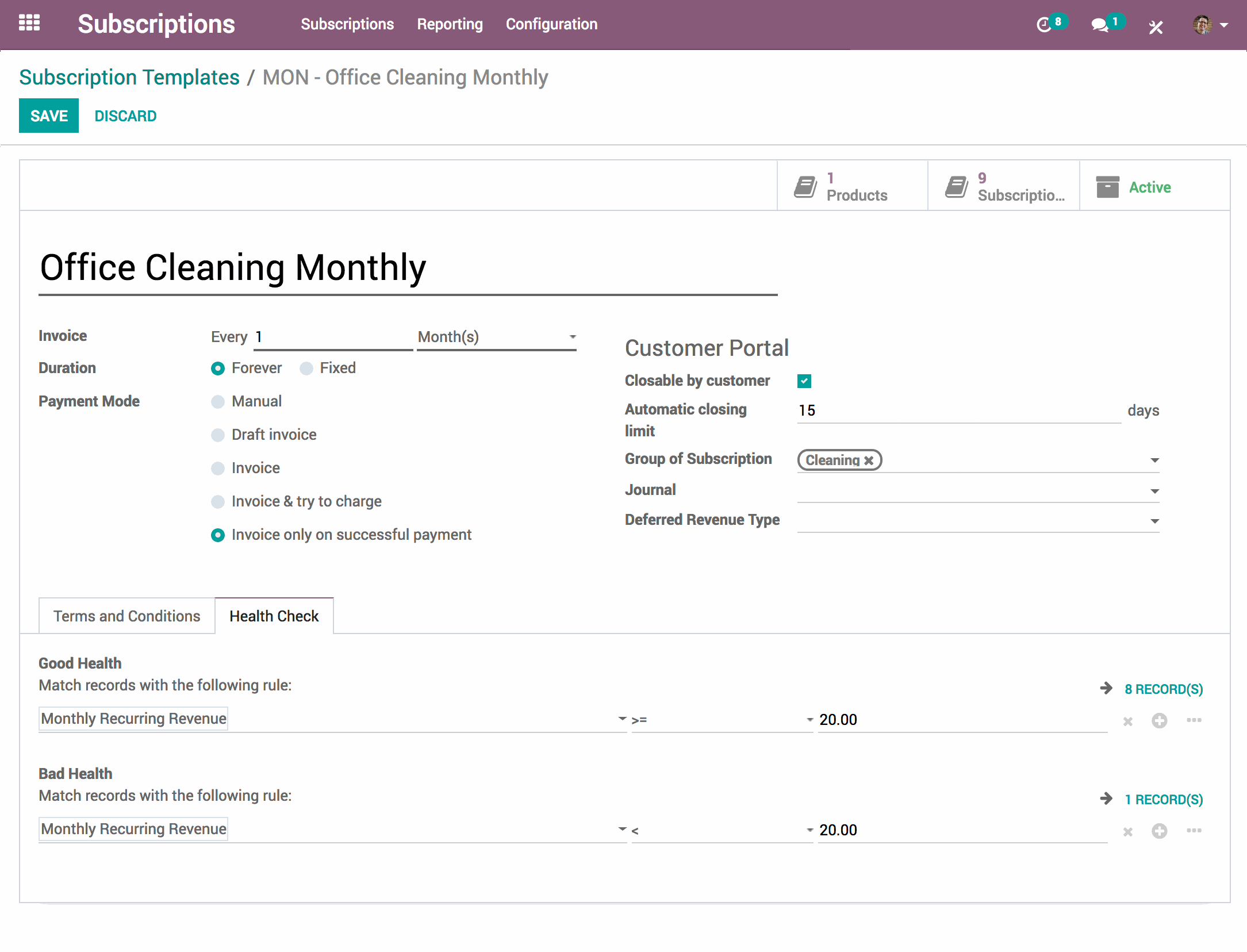 Abonnementstemplate met facturatie- en verlengingsinstellingen in Odoo Subscriptions