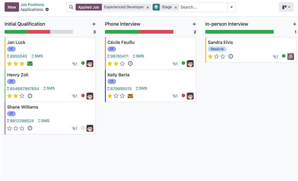 Kandidatenpijplijn in kanban-weergave per wervingsfase in Odoo Recruitment