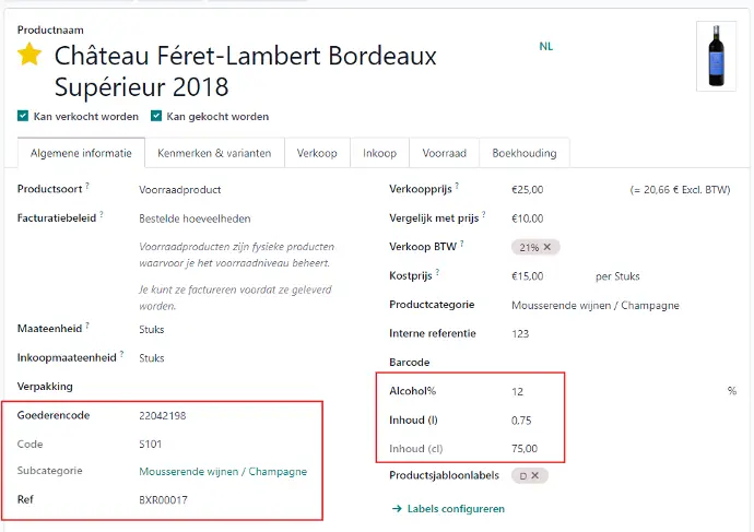 Odoo-productfiche van een wijn met accijns-gegevens, BTW per land, goederencode en lot-informatie
