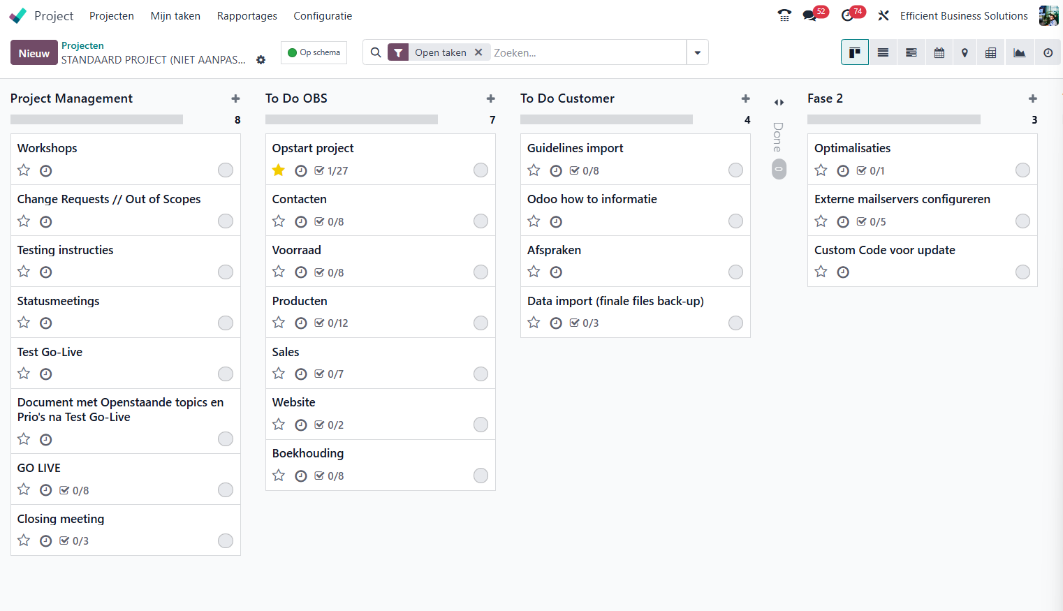 Odoo implementatie vaste prijs project-dashboard met fases, mijlpalen en deliverables