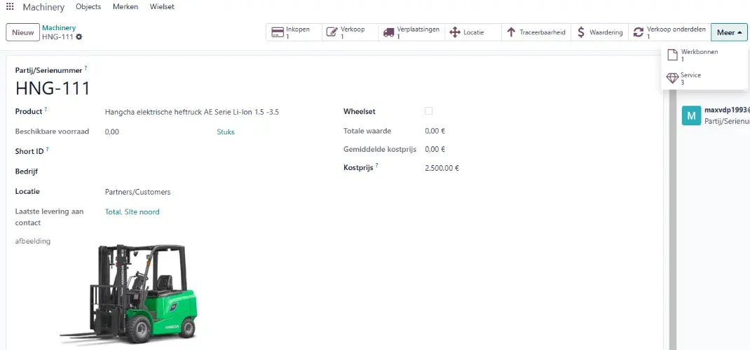 Odoo asset management dashboard voor machinery-dealer met serienummer, voorraad en service