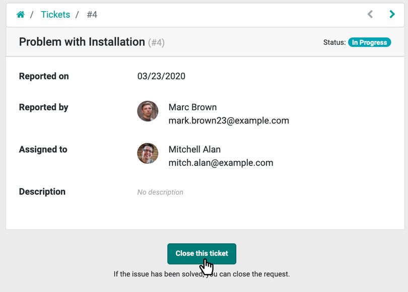 Detail van een supportticket in Odoo Helpdesk