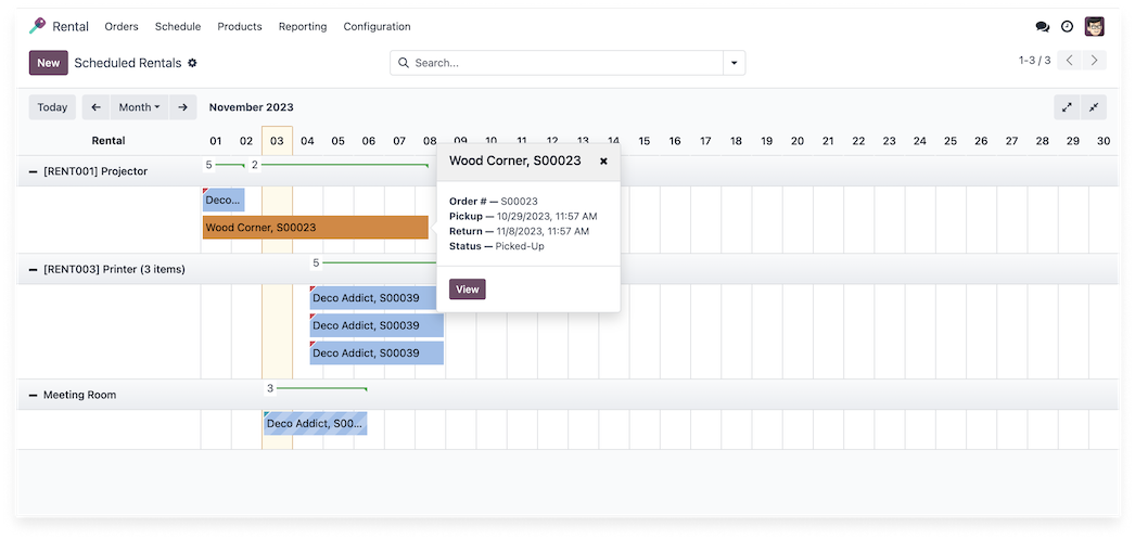 Verhuurplanning met beschikbaarheid per product in Odoo Rental