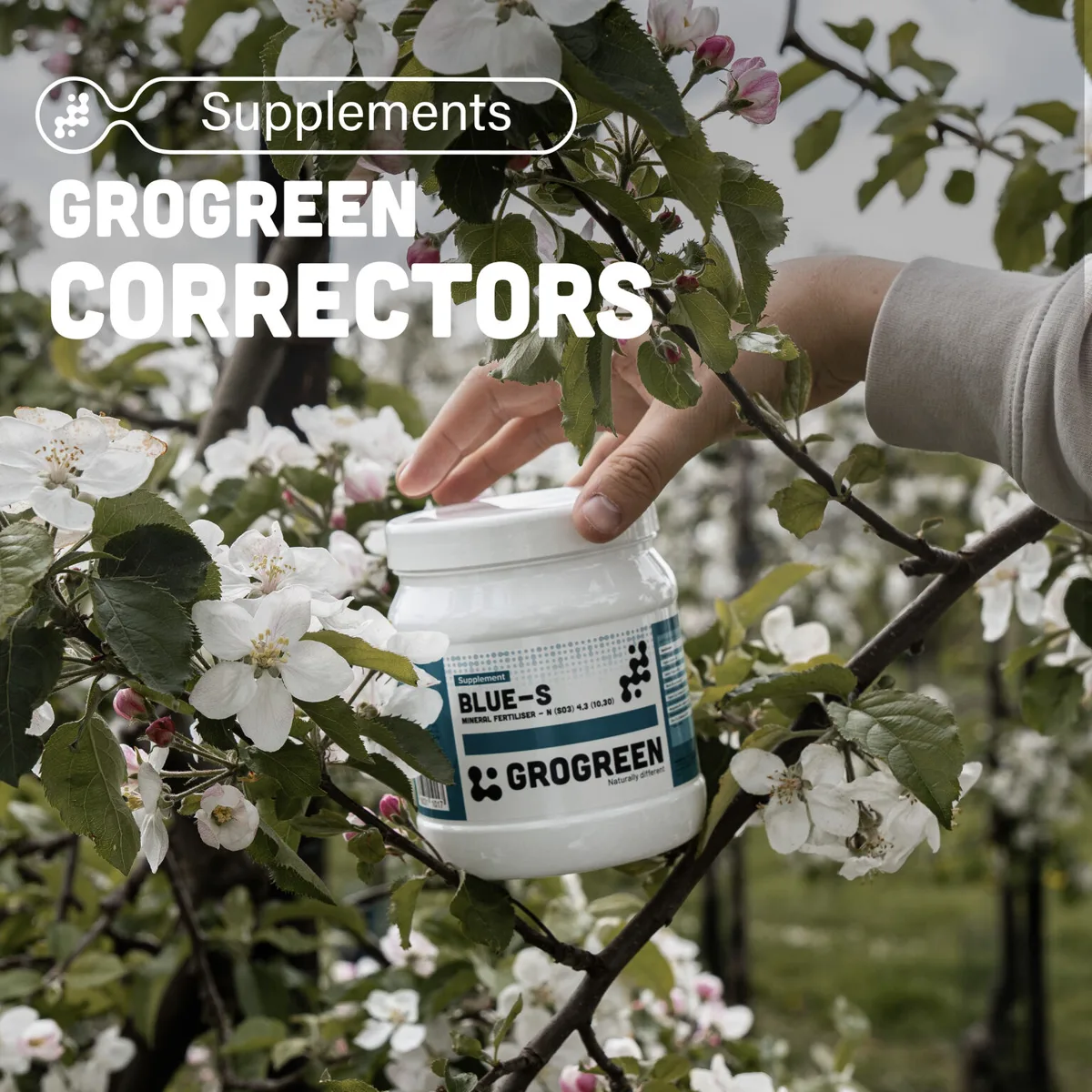 GROGREEN supplement Blue-S in een bloeiende boomgaard